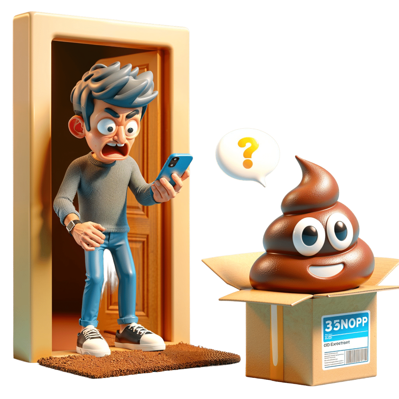 a guy angry because they're is a poop at his door step in cartoon style